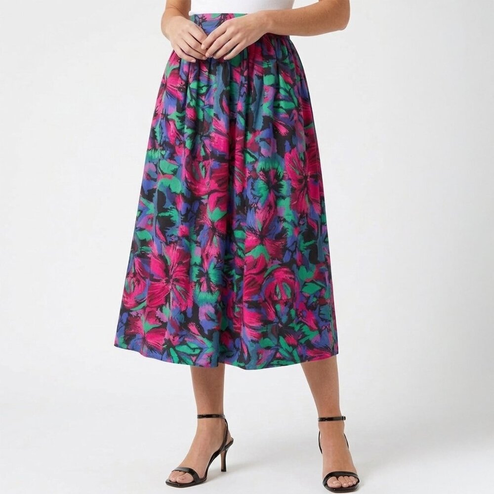 Vintage 90s Floral Cotton Midi Skirt Pleated Cottagecore Bright Pink Blue XS/S